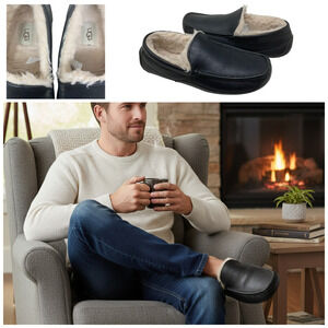 UGG Men's Black Leather Shearling-Lined Ascot Moccasin Slippers Sz 10 5379